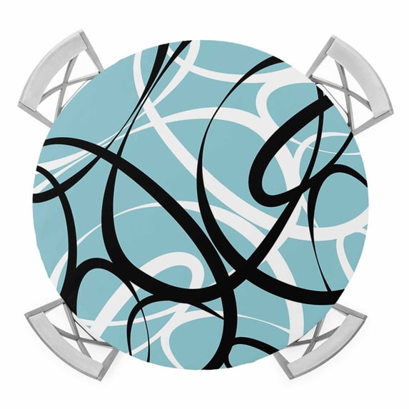 Elastic Fitted Round Tablecloth, Aqua Geometric Waterproof Stretch Table Cover for 45"-54" Tables, Modern Black White Striped Abstract Lines Washable Outdoor Tablecloths for Patio, Picnic, Camping