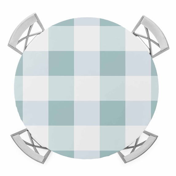 Elastic Fitted Round Tablecloth, Aqua Plaid Waterproof Stretch Table Cover for 55"-60" Tables, Spring Summer Farmhouse Buffalo Checkered Washable Outdoor Tablecloths for Patio, Picnic, Camping