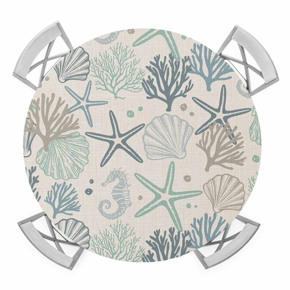 Elastic Fitted Round Tablecloth, Aqua Teal Coastal Waterproof Stretch Table Cover for 45"-54" Tables, Summer Beach Starfish Coral Nautical Rustic Washable Outdoor Tablecloths for Patio, Camping