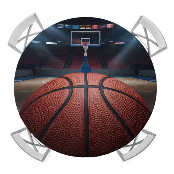 Elastic Fitted Round Tablecloth, Basketball Waterproof Stretch Table Cover for 36"-44" Tables, Sports Theme Stadium Field Lights Ball Washable Outdoor Tablecloths for Patio, Picnic, Camping