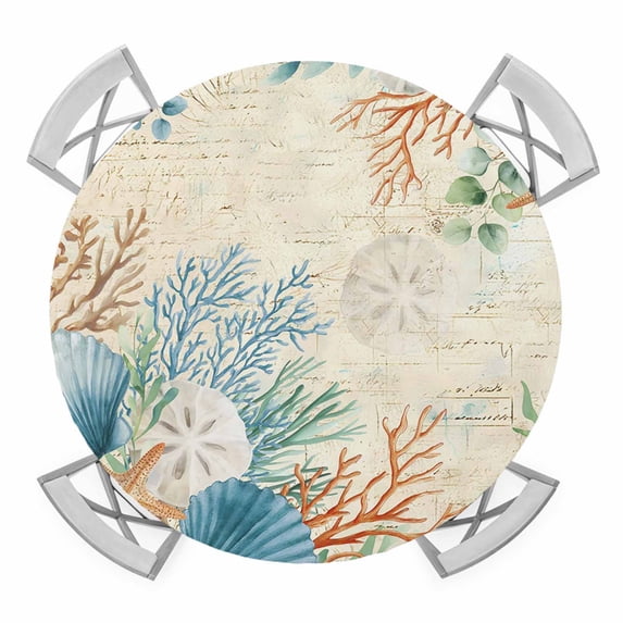 Elastic Fitted Round Tablecloth, Beige Beach Coastal Waterproof Stretch Table Cover for 36"-44" Tables, Summer Nautical Coral Shell Botanical Washable Outdoor Tablecloths for Patio, Picnic, Camping