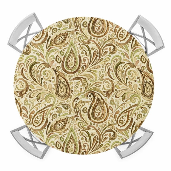 Elastic Fitted Round Tablecloth, Beige Brown Green Waterproof Stretch Table Cover for 55"-60" Tables, Retro Botanical Abstract Art Washable Outdoor Tablecloths for Patio, Picnic, Camping