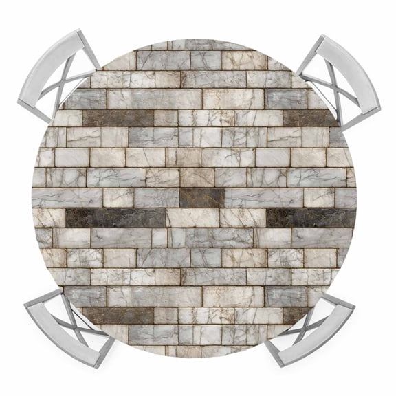 Elastic Fitted Round Tablecloth, Beige Brown Marble Waterproof Stretch Table Cover for 45"-54" Tables, Simple Vintage Brick Stone Wall Washable Outdoor Tablecloths for Patio, Picnic, Camping