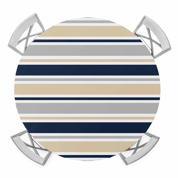 Elastic Fitted Round Tablecloth, Beige Navy Blue Striped Waterproof Stretch Table Cover for 36"-44" Tables, Farmhouse Stripes Modern Abstract Art Washable Outdoor Tablecloths for Patio, Picnic