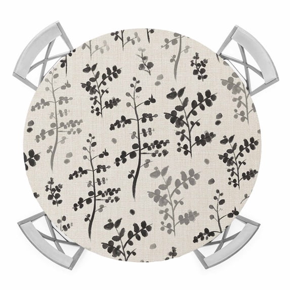 Elastic Fitted Round Tablecloth, Black Grey Botanical Waterproof Stretch Table Cover for 36"-44" Tables, Rustic Country Spring Floral Summer Leaf Washable Outdoor Tablecloths for Patio, Picnic