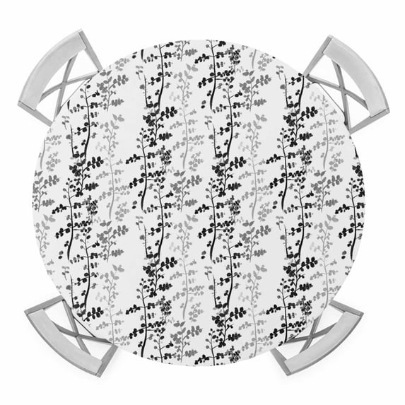Elastic Fitted Round Tablecloth, Black Grey Botanical Waterproof Stretch Table Cover for 45"-54" Tables, Spring Floral Summer Farmhouse Washable Outdoor Tablecloths for Patio, Picnic, Camping