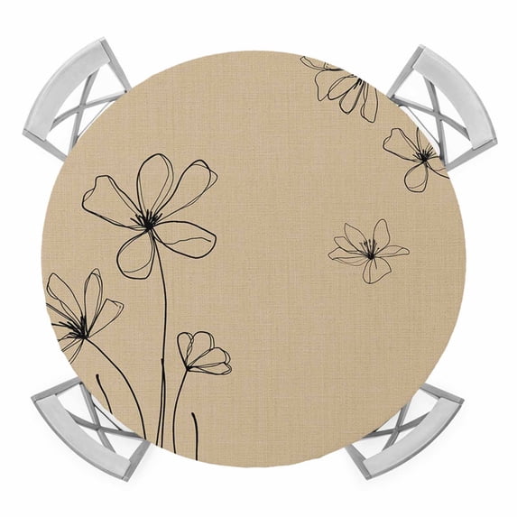 Elastic Fitted Round Tablecloth, Black Khaki Waterproof Stretch Table Cover for 36"-44" Tables, Spring Flora Washable Outdoor Tablecloths for Patio, Picnic, Camping