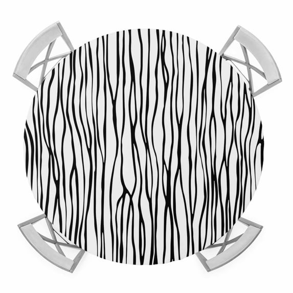Elastic Fitted Round Tablecloth, Black White Lines Waterproof Stretch Table Cover for 45"-54" Tables, Retro Stripes Texture Minimalist Art Washable Outdoor Tablecloths for Patio, Picnic, Camping