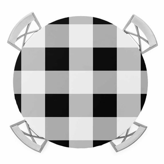 Elastic Fitted Round Tablecloth, Black White Plaid Waterproof Stretch Table Cover for 55"-60" Tables, Spring Farmhouse Buffalo Checkered Washable Outdoor Tablecloths for Patio, Picnic, Camping