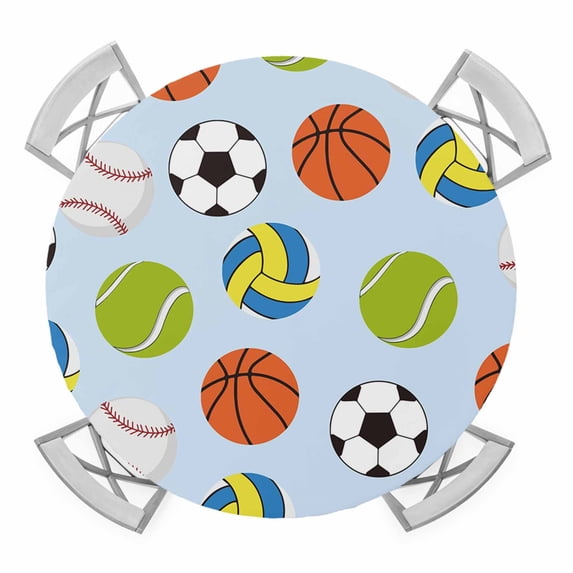 Elastic Fitted Round Tablecloth, Blue Balls Waterproof Stretch Table Cover for 45"-54" Tables, Baseball Tennis Basketball Football Washable Outdoor Tablecloths for Patio, Picnic, Camping