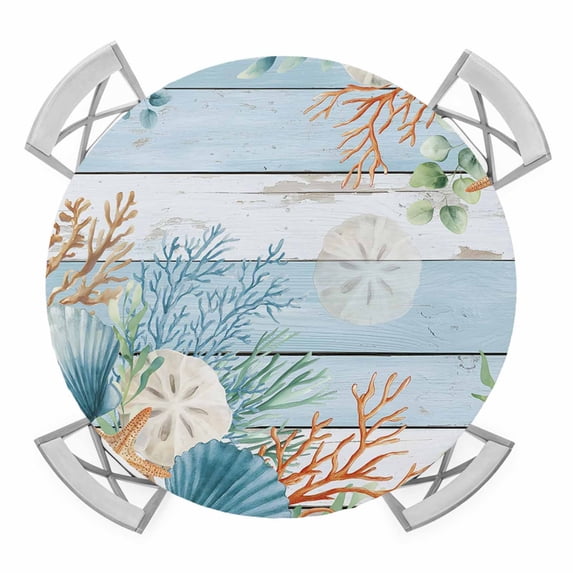 Elastic Fitted Round Tablecloth, Blue Beach Coastal Waterproof Stretch Table Cover for 55"-60" Tables, Summer Nautical Coral Shell Botanical Vintage Washable Outdoor Tablecloths for Patio, Picnic