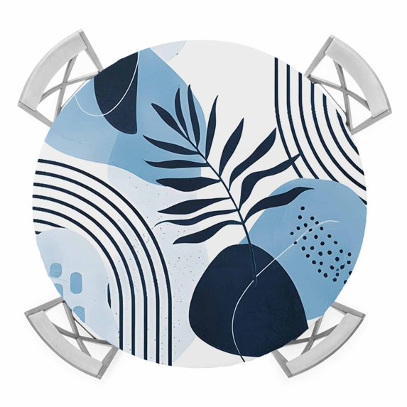 Elastic Fitted Round Tablecloth, Blue Bohogeometric Waterproof Stretch Table Cover for 45"-54" Tables, Bohemia Ethnic Abstract Lines Leaf Washable Outdoor Tablecloths for Patio, Picnic, Camping