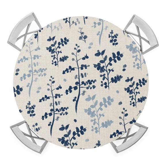 Elastic Fitted Round Tablecloth, Blue Botanical Waterproof Stretch Table Cover for 45"-54" Tables, Rustic Country Spring Floral Summer Leaf Washable Outdoor Tablecloths for Patio, Picnic, Camping