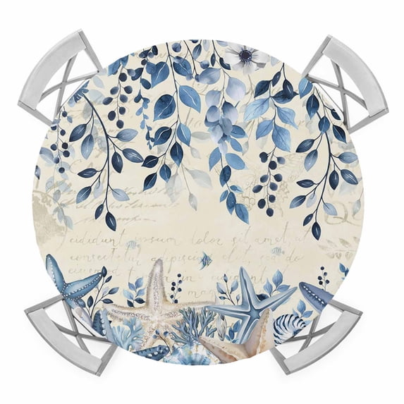 Elastic Fitted Round Tablecloth, Blue Coastal Starfish Waterproof Stretch Table Cover for 36"-44" Tables, Beach Nautical Shell Eucalyptus Retro Washable Outdoor Tablecloths for Patio, Picnic, Camping