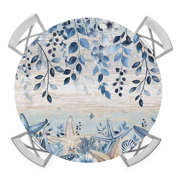 Elastic Fitted Round Tablecloth, Blue Coastal Starfish Waterproof Stretch Table Cover for 36"-44" Tables, Beach Nautical Shell Eucalyptus Vintage Washable Outdoor Tablecloths for Patio, Picnic
