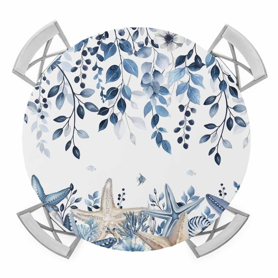 Elastic Fitted Round Tablecloth, Blue Coastal Starfish Waterproof Stretch Table Cover for 55"-60" Tables, Beach Nautical Shell Eucalyptus Summer Washable Outdoor Tablecloths for Patio, Picnic