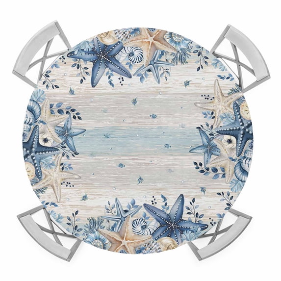 Elastic Fitted Round Tablecloth, Blue Coastal Starfish Waterproof Stretch Table Cover for 55"-60" Tables, Summer Eucalyptus Leaves Washable Outdoor Tablecloths for Patio, Picnic, Camping