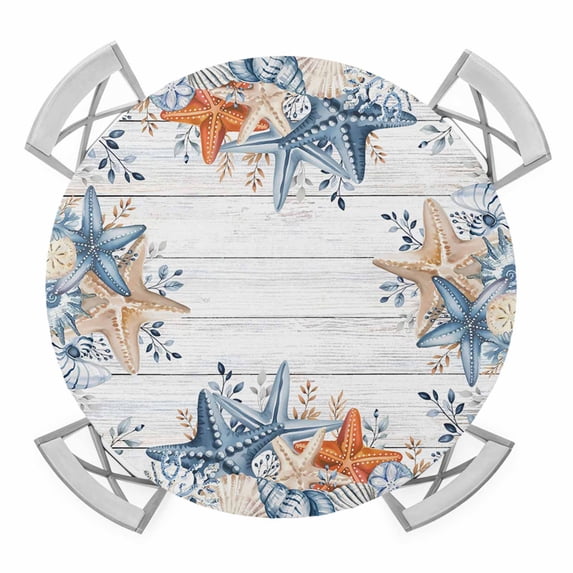 Elastic Fitted Round Tablecloth, Blue Coastal Waterproof Stretch Table Cover for 36"-44" Tables, Starfish Eucalyptus Leaves Ocean Farmhouse Wooden Washable Outdoor Tablecloths for Patio, Picnic