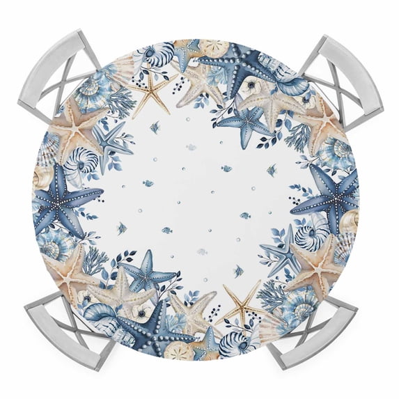Elastic Fitted Round Tablecloth, Blue Coastal Waterproof Stretch Table Cover for 36"-44" Tables, Summer Beach Starfish Nautical Eucalyptus Ocean Washable Outdoor Tablecloths for Patio, Picnic