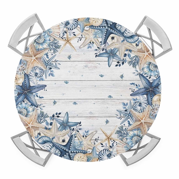 Elastic Fitted Round Tablecloth, Blue Coastal Waterproof Stretch Table Cover for 36"-44" Tables, Summer Beach Starfish Nautical Eucalyptus Wooden Washable Outdoor Tablecloths for Patio, Picnic