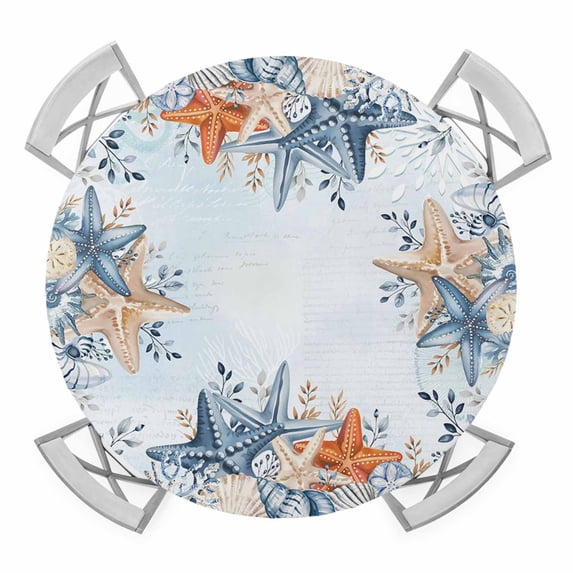 Elastic Fitted Round Tablecloth, Blue Coastal Waterproof Stretch Table Cover for 55"-60" Tables, Starfish Eucalyptus Leaves Ocean Conch Shells Washable Outdoor Tablecloths for Patio, Picnic, Camping