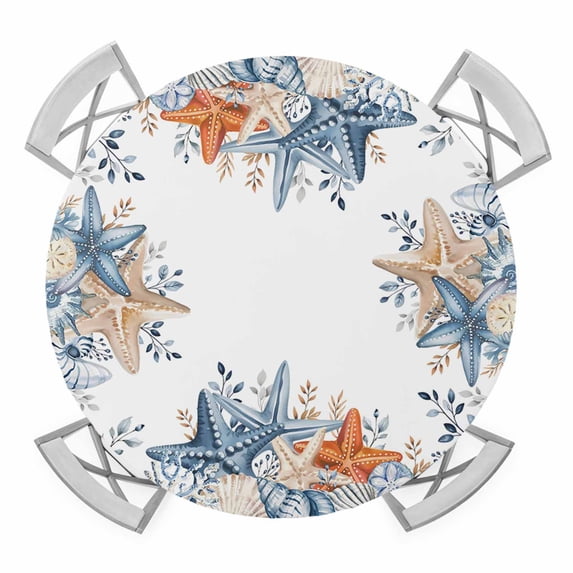 Elastic Fitted Round Tablecloth, Blue Coastal Waterproof Stretch Table Cover for 55"-60" Tables, Starfish Eucalyptus Leaves Ocean Nautical Conch Washable Outdoor Tablecloths for Patio, Picnic