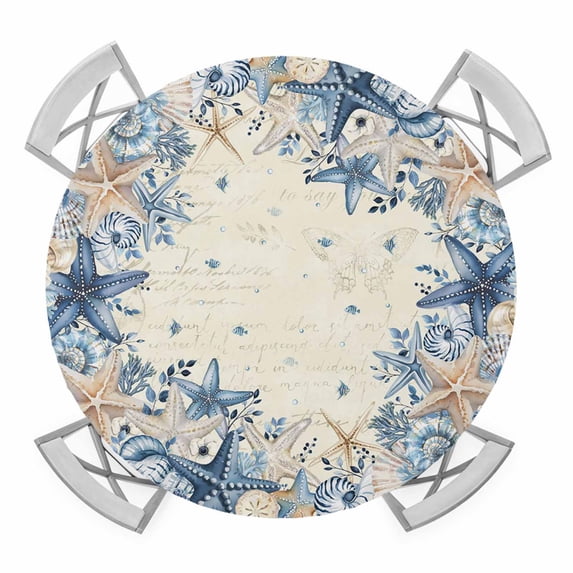 Elastic Fitted Round Tablecloth, Blue Coastal Waterproof Stretch Table Cover for 55"-60" Tables, Summer Beach Starfish Nautical Eucalyptus Retro Washable Outdoor Tablecloths for Patio, Picnic