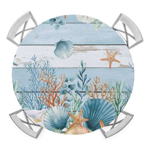 Elastic Fitted Round Tablecloth, Blue Coastal Waterproof Stretch Table Cover for 55"-60" Tables, Summer Beach Starfish Shell Coral Nautical Washable Outdoor Tablecloths for Patio, Picnic, Camping