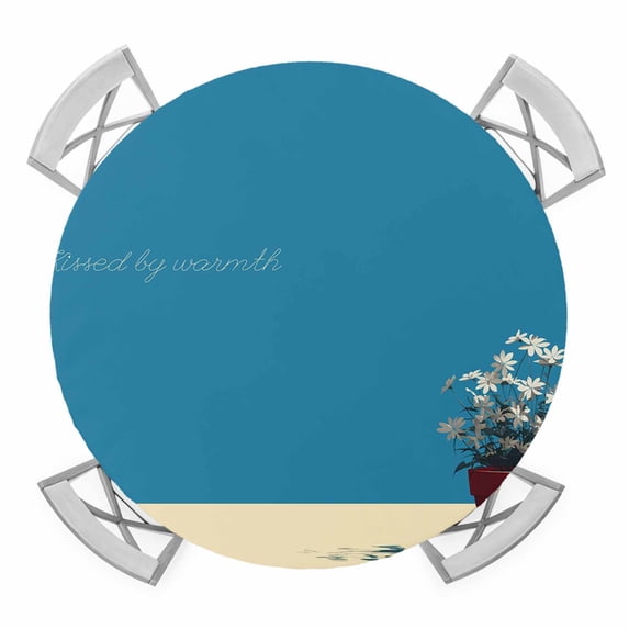 Elastic Fitted Round Tablecloth, Blue Daisy Vase Waterproof Stretch Table Cover for 36"-44" Tables, Spring Floral Modern Art Washable Outdoor Tablecloths for Patio, Picnic, Camping