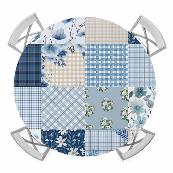 Elastic Fitted Round Tablecloth, Blue Floral Waterproof Stretch Table Cover for 55"-60" Tables, Spring Flowers Plants Patchwork Grid Bohemia Washable Outdoor Tablecloths for Patio, Picnic, Camping