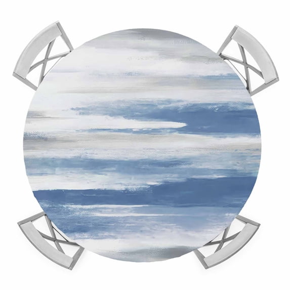 Elastic Fitted Round Tablecloth, Blue Gray White Waterproof Stretch Table Cover for 55"-60" Tables, Modern Abstract Mottled Aesthetic Washable Outdoor Tablecloths for Patio, Picnic, Camping