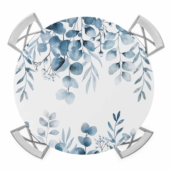 Elastic Fitted Round Tablecloth, Blue Green Eucalyptus Leaves Waterproof Stretch Table Cover for 45"-54" Tables, Spring Summer Botanical Washable Outdoor Tablecloths for Patio, Picnic, Camping