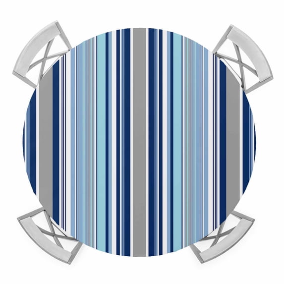 Elastic Fitted Round Tablecloth, Blue Green Striped Waterproof Stretch Table Cover for 36"-44" Tables, Colorful Abstract Vertical Lines Art Washable Outdoor Tablecloths for Patio, Picnic, Camping