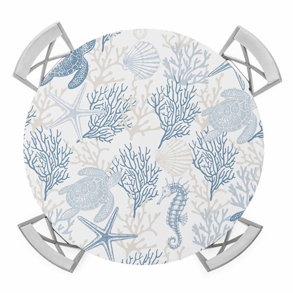 Elastic Fitted Round Tablecloth, Blue Grey Coastal Waterproof Stretch Table Cover for 45"-54" Tables, Sea Turtle Nautical Coral Summer Beach Washable Outdoor Tablecloths for Patio, Picnic, Camping