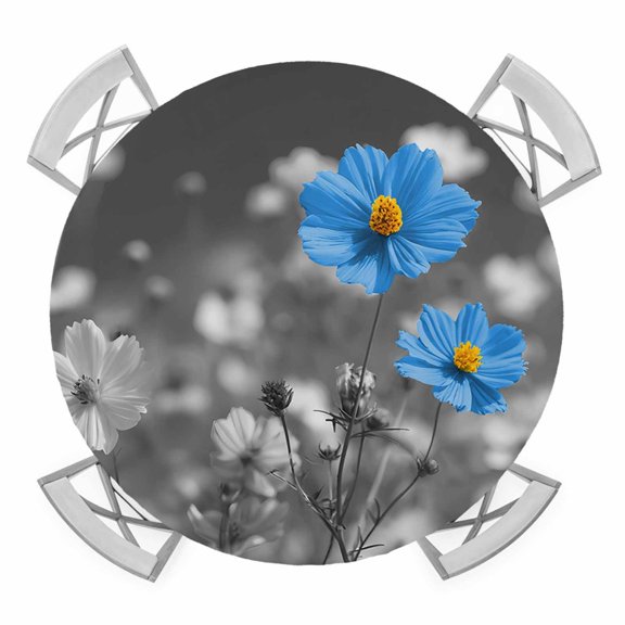 Elastic Fitted Round Tablecloth, Blue Grey Daisy Waterproof Stretch Table Cover for 45"-54" Tables, Farmhouse Flowers Abstract Country Washable Outdoor Tablecloths for Patio, Picnic, Camping