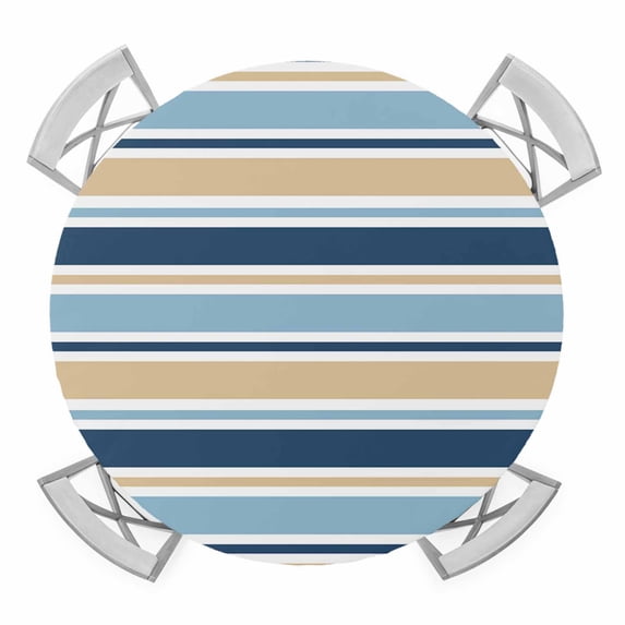Elastic Fitted Round Tablecloth, Blue Khaki Striped Waterproof Stretch Table Cover for 55"-60" Tables, Farmhouse Stripes Modern Abstract Art Washable Outdoor Tablecloths for Patio, Picnic, Camping