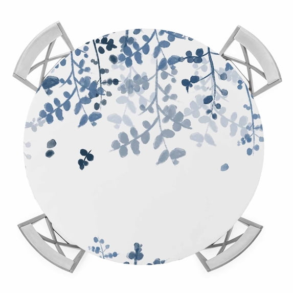 Elastic Fitted Round Tablecloth, Blue Leaves Waterproof Stretch Table Cover for 55"-60" Tables, Summer Botanical Washable Outdoor Tablecloths for Patio, Picnic, Camping