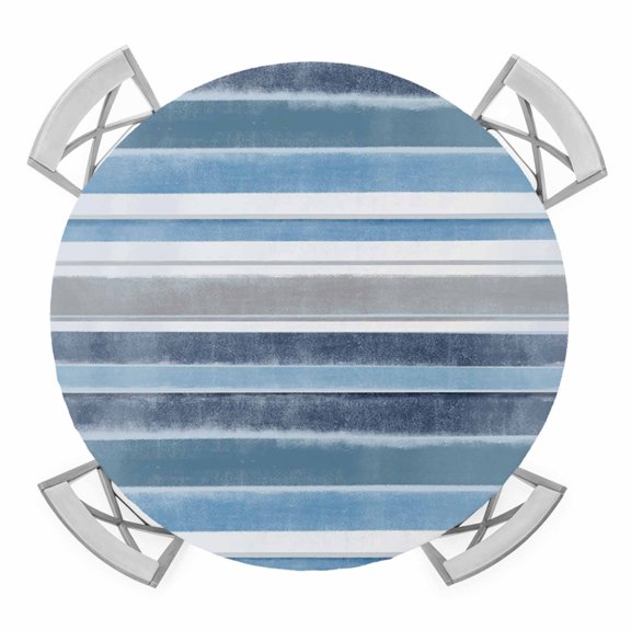 Elastic Fitted Round Tablecloth, Blue Nordic Style Stripes Waterproof Stretch Table Cover for 55"-60" Tables, Blue Gray Texture Washable Outdoor Tablecloths for Patio, Picnic, Camping