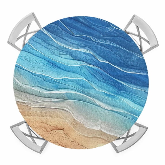 Elastic Fitted Round Tablecloth, Blue Ombre Coastal Waterproof Stretch Table Cover for 55"-60" Tables, Summer Nautical Beach Ocean Seaside Washable Outdoor Tablecloths for Patio, Picnic, Camping