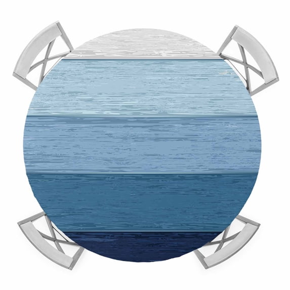Elastic Fitted Round Tablecloth, Blue Ombre Waterproof Stretch Table Cover for 55"-60" Tables, Farmhouse Vintage Wooden Striped Washable Outdoor Tablecloths for Patio, Picnic, Camping