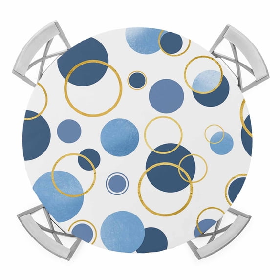 Elastic Fitted Round Tablecloth, Blue Polka Dots Waterproof Stretch Table Cover for 55"-60" Tables, Modern Abstract Art Washable Outdoor Tablecloths for Patio, Picnic, Camping