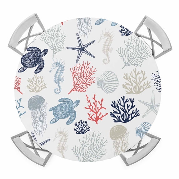 Elastic Fitted Round Tablecloth, Blue Red Coastal Waterproof Stretch Table Cover for 45"-54" Tables, Nautical Summer Beach Coral Sea Turtle Washable Outdoor Tablecloths for Patio, Picnic, Camping