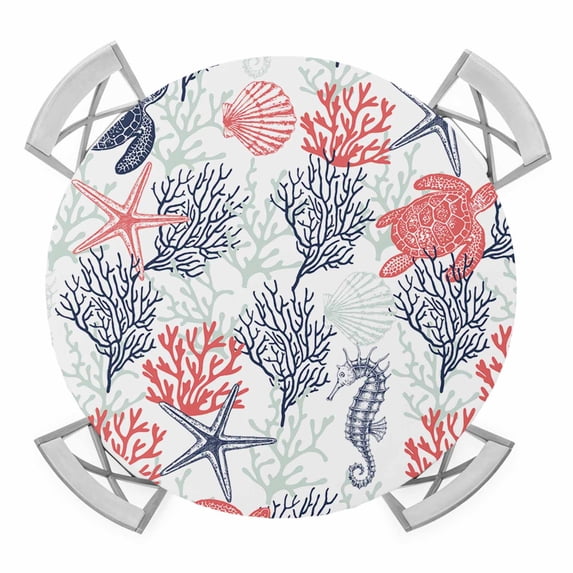 Elastic Fitted Round Tablecloth, Blue Red Coastal Waterproof Stretch Table Cover for 45"-54" Tables, Sea Turtle Nautical Coral Summer Beach Washable Outdoor Tablecloths for Patio, Picnic, Camping