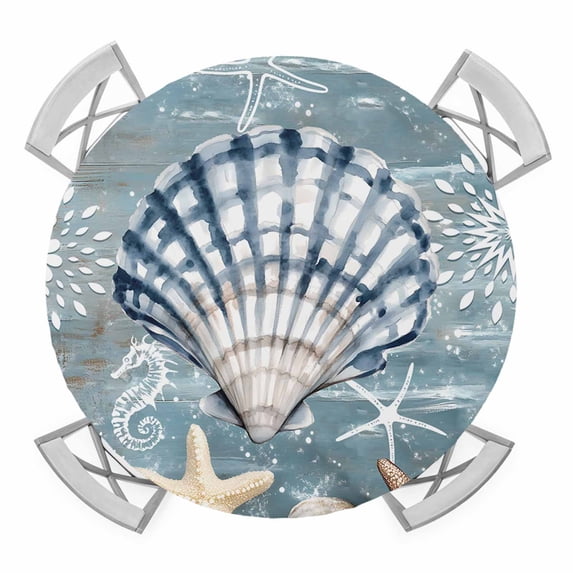 Elastic Fitted Round Tablecloth, Blue Shell Coastal Waterproof Stretch Table Cover for 36"-44" Tables, Summer Beach Nautical Starfish Coral Washable Outdoor Tablecloths for Patio, Picnic, Camping