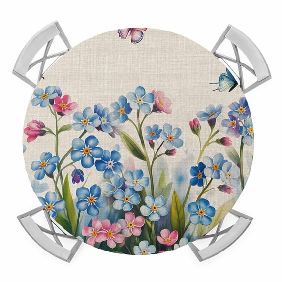 Elastic Fitted Round Tablecloth, Blue Spring Floral Waterproof Stretch Table Cover for 36"-44" Tables, Pink Flowers Butterfly Rustic Washable Outdoor Tablecloths for Patio, Picnic, Camping