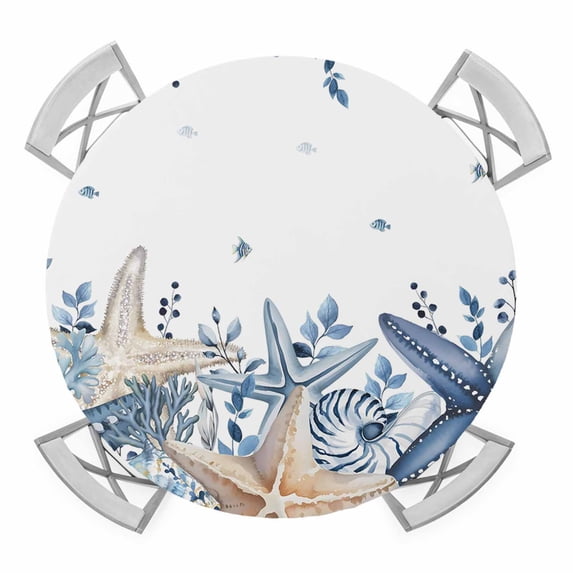Elastic Fitted Round Tablecloth, Blue Starfish Coastal Waterproof Stretch Table Cover for 55"-60" Tables, Eucalyptus Summer Nautical Shell Ocean Washable Outdoor Tablecloths for Patio, Picnic