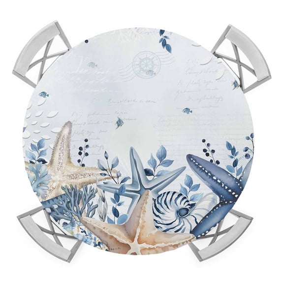 Elastic Fitted Round Tablecloth, Blue Starfish Coastal Waterproof Stretch Table Cover for 55"-60" Tables, Eucalyptus Summer Nautical Shell Washable Outdoor Tablecloths for Patio, Picnic, Camping