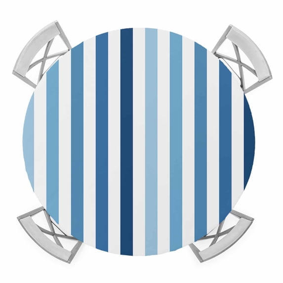 Elastic Fitted Round Tablecloth, Blue Stripe Waterproof Stretch Table Cover for 45"-54" Tables, Ombre Geometric Farmhouse Vertical Striped Washable Outdoor Tablecloths for Patio, Picnic, Camping