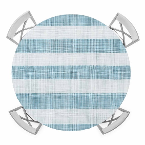 Elastic Fitted Round Tablecloth, Blue Striped Waterproof Stretch Table Cover for 45"-54" Tables, Rustic Farmhouse Stripes Washable Outdoor Tablecloths for Patio, Picnic, Camping
