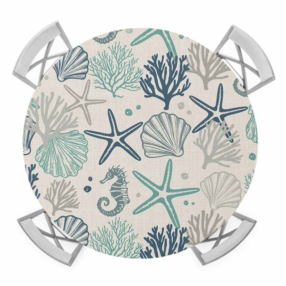 Elastic Fitted Round Tablecloth, Blue Teal Coastal Waterproof Stretch Table Cover for 55"-60" Tables, Summer Beach Starfish Coral Nautical Rustic Washable Outdoor Tablecloths for Patio, Camping